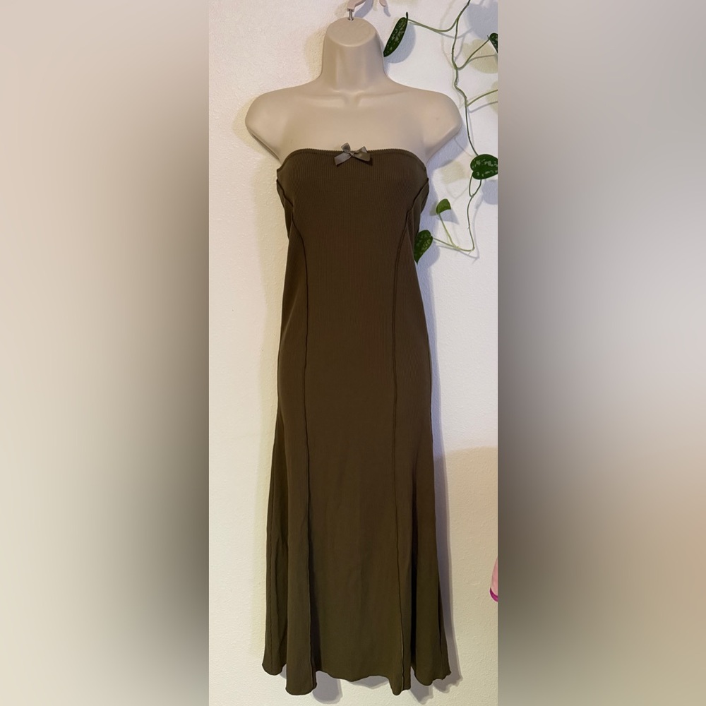 Current Mood Tube Bandeau Dress Olive Green Maxi Fairycore Boho Hippie NEW S